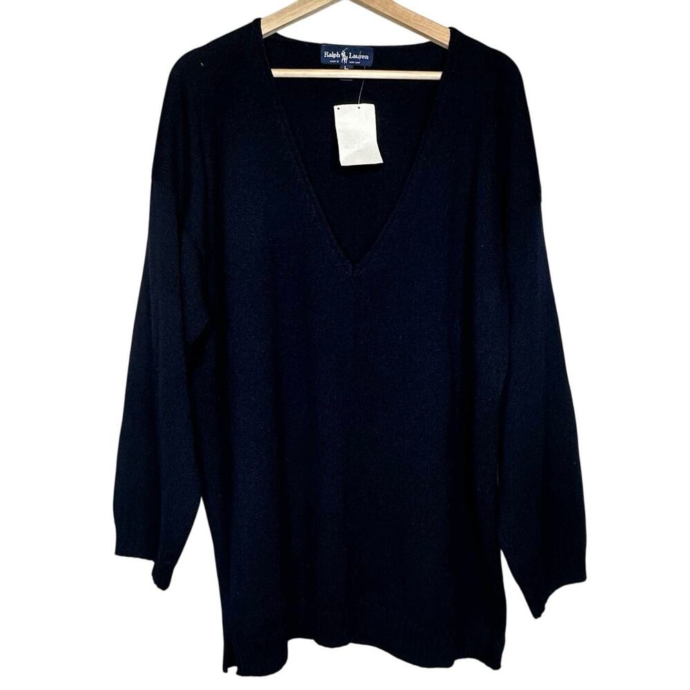 RALPH LAUREN BLUE LABEL 80s Deadstock Blue V-Neck Wool Knit Sweater Large Womens